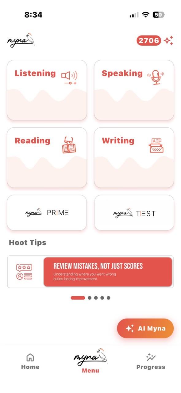Myna menu screen: Listening, Speaking, Reading and Writing, plus Myna Prime and Myna Test.
