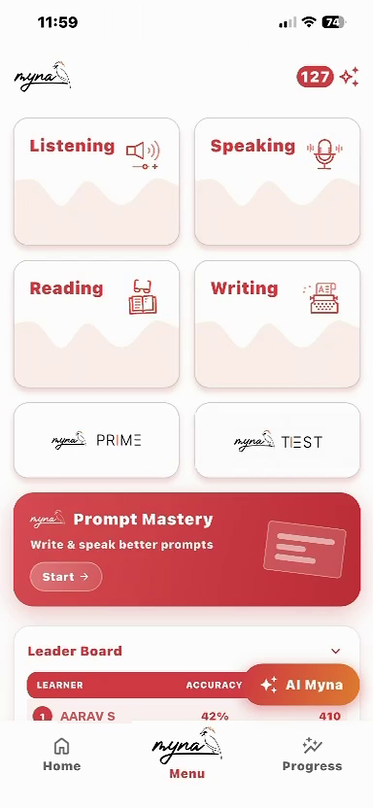 The Myna menu: Listening, Speaking, Reading and Writing, Myna Prime, Myna Test and Prompt Mastery.