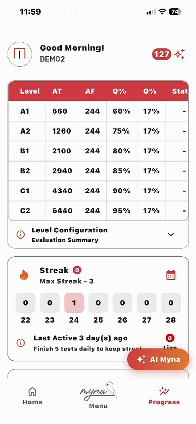 Myna progress: the CEFR levels and the daily streak.